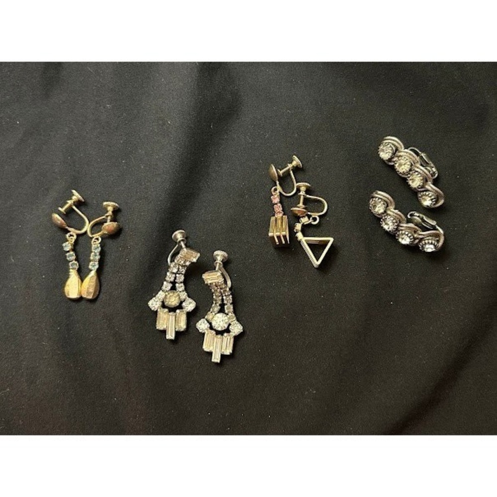 Vintage Costume Earring Lot 4 Pairs Rhinestone Chandelier Geometric Screw Back